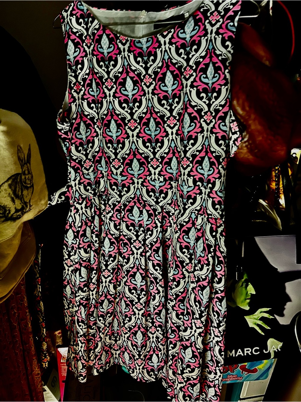 Sleeveless Black & Pink Patterned Fit-and-Flare Dress